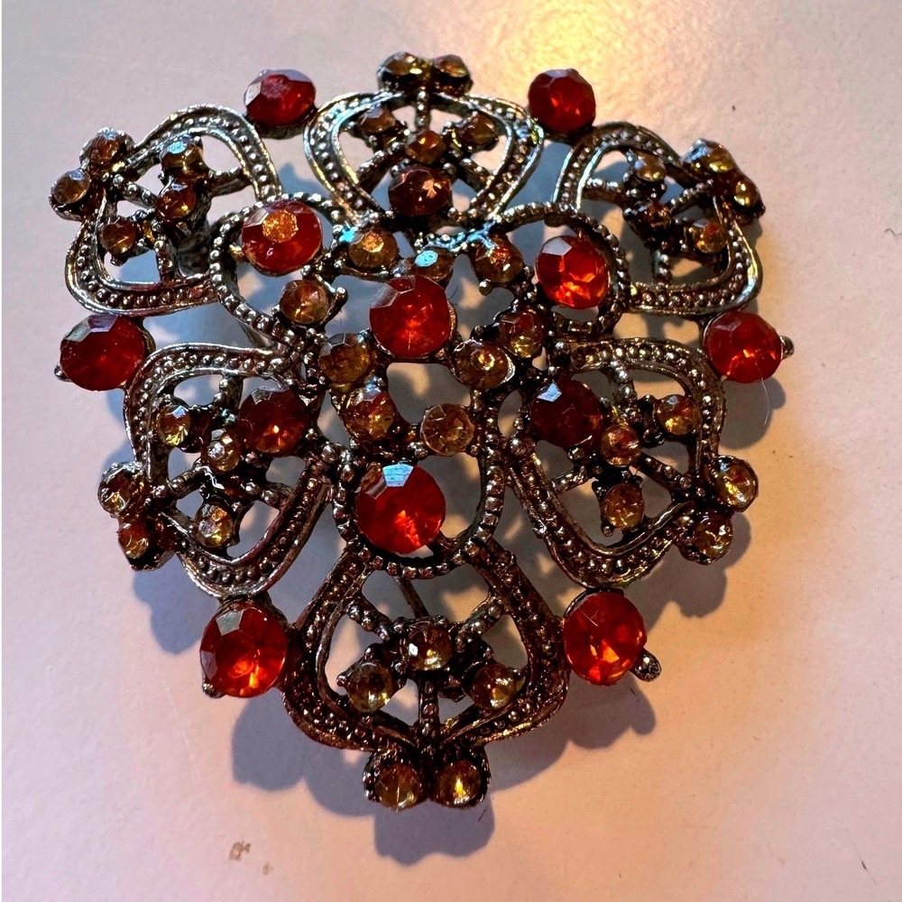 Vintage Amber Rhinestone Filigree Brooch Victorian Revival Silver Tone Pin